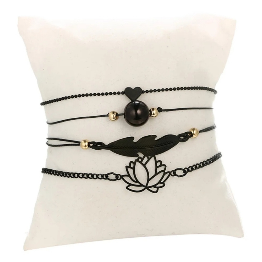 4pc Black & Gold Charm Layering Bracelets Feather Lotus Flower Heart Bead - Picture 12 of 13